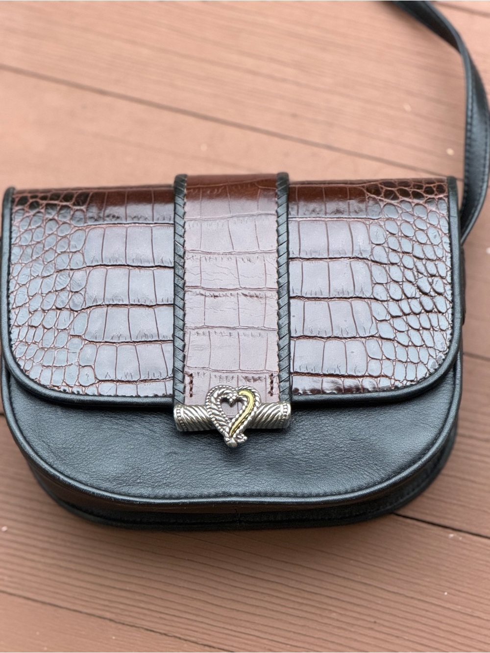 Brighton Love N Joy Leather Crossbody Bag Brown Croc Embossed Heart Hardware